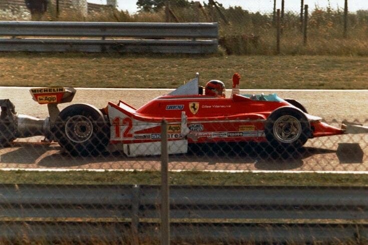 Gillen Villeneuve driving a Ferrari T4 with a broken back.