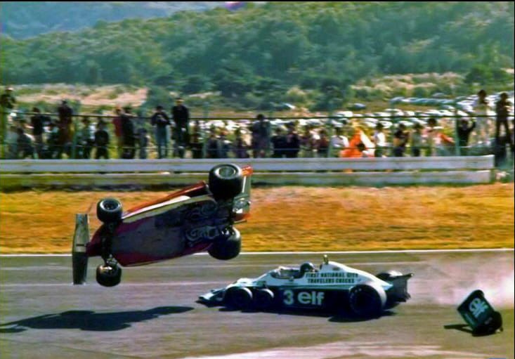 Gilles Villeneuve, Ferrari and Ronnie Peterson, Tyrrell, having an accident.