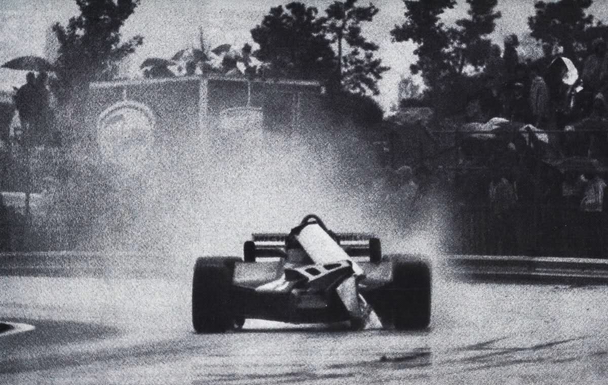 Gilles Villeneuve, Canada, 1981, driving a Ferrari with a broken nose and wing.