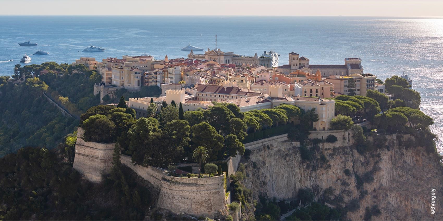 The fortress of Monaco overlooking the port on the Mediterranean. 