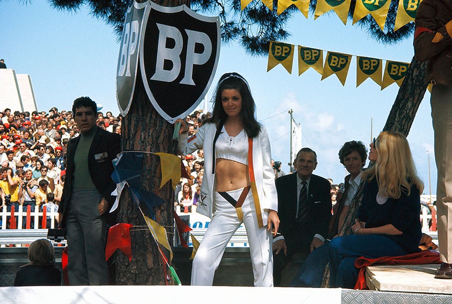 1970, Monte Carlo. Jackie Oliver's wife Lynn occasionally jobbed as advertising girl for McLaren's main sponsor Yardley.