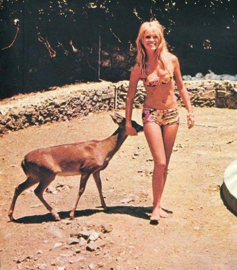Brigitte Bardot in a bikini with a deer.
