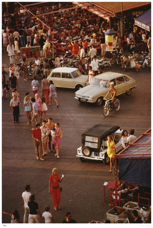 Cars and pedestrians on the busy seafront at Saint-Tropez, September 1970. 