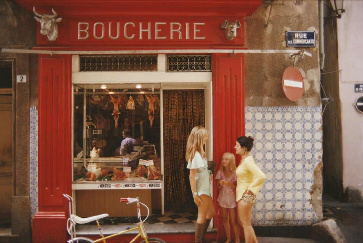 A boucherie or butcher's shop on Rue des Commercants in Saint-Tropez, on the French Riviera, August 1971. 