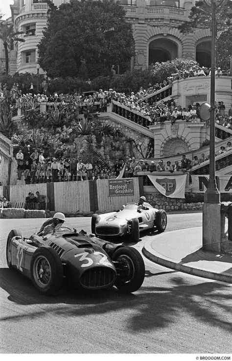 Louis Chiron in a Lancia and Moss in a Mercedes, at Monaco Grand Prix in 1955.