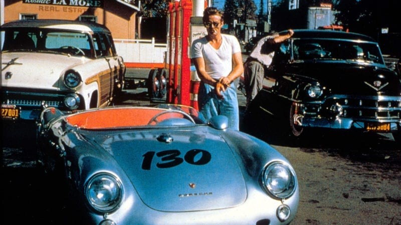 James Dean and his grey Porsche.