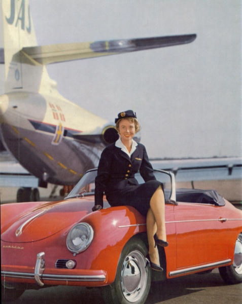 A SAS hostess on a Porsche 356.