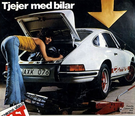 An advertisement for a Porsche Carrera RS 1974 for Sweden in a workshop setting, the girl is working on the engine. 
