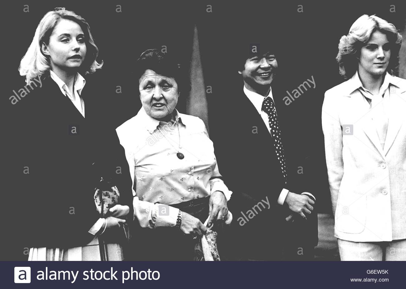 Kathy Miller (right), the 15-year-old American schoolgirl who won last year's International Award for Valour in Sport, at Guidhall in the City of London. On left is Kristina Tenshult, girlfriend of the late Swedish racing driver Gunnar Nilsson, who died of cancer in October and Mrs Elizabeth Nilsson (his mother). Centre is Naomi Uemura, the Japanese explorer who became the first man to reach the North Pole alone. 22 February, 1979.
