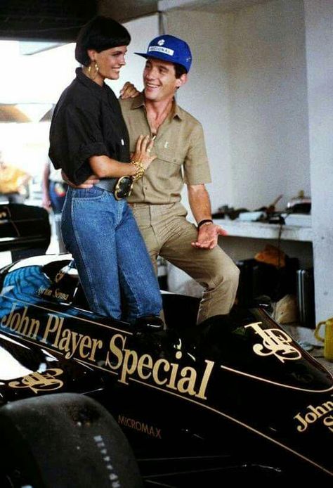 Ayrton Senna, Lotus, with Monique Evans.