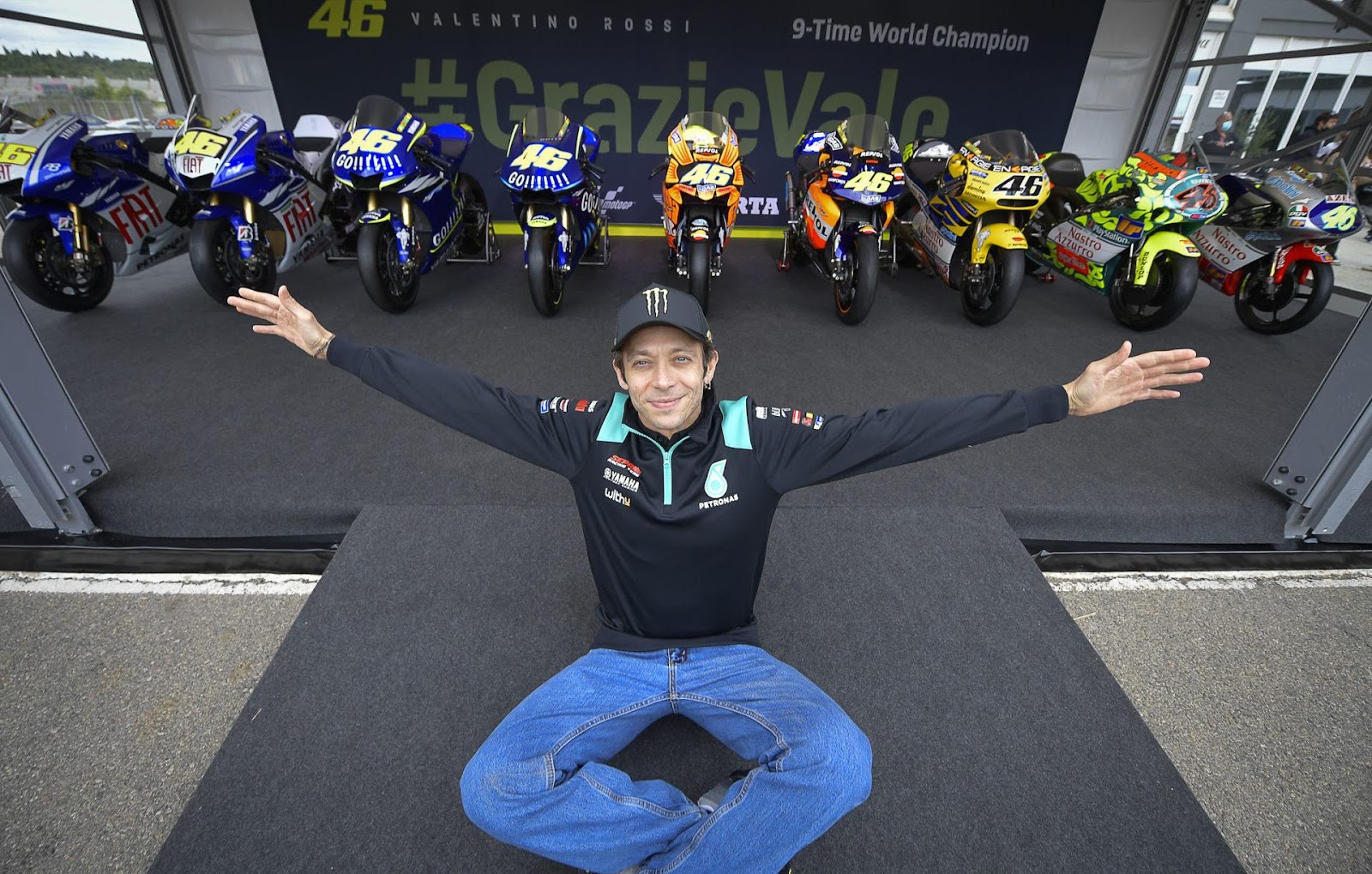 Valentino Rossi with all his winning bikes.