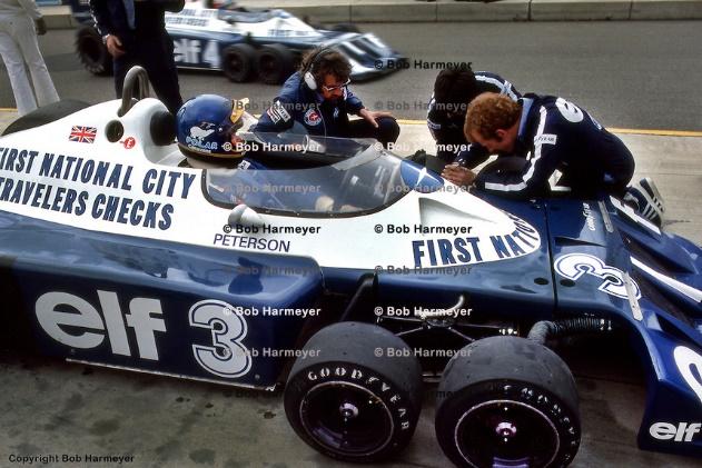 Ronnie Peterson waits to drive the Tyrrell P34 6 Ford Cosworth DFV, during practice for the US GP East on October 2, 1977, at the Watkins Glen Grand Prix Race Course.