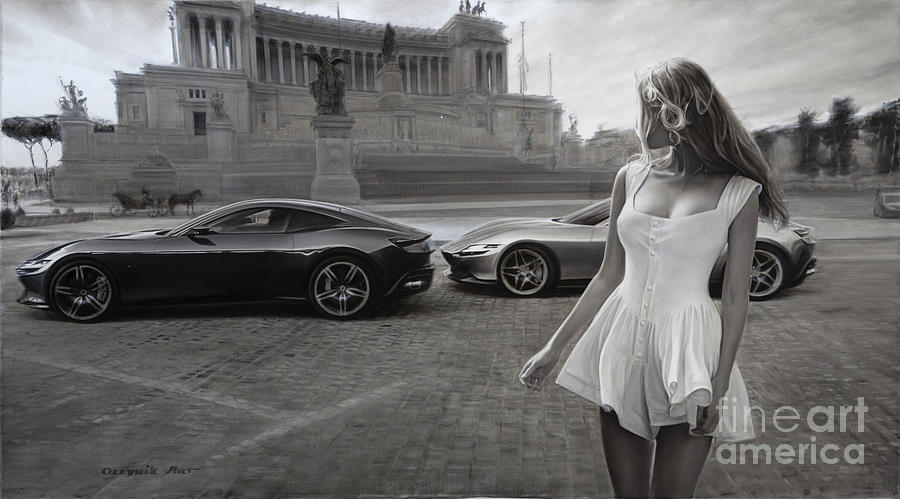 A blonde girl and two Ferraris.