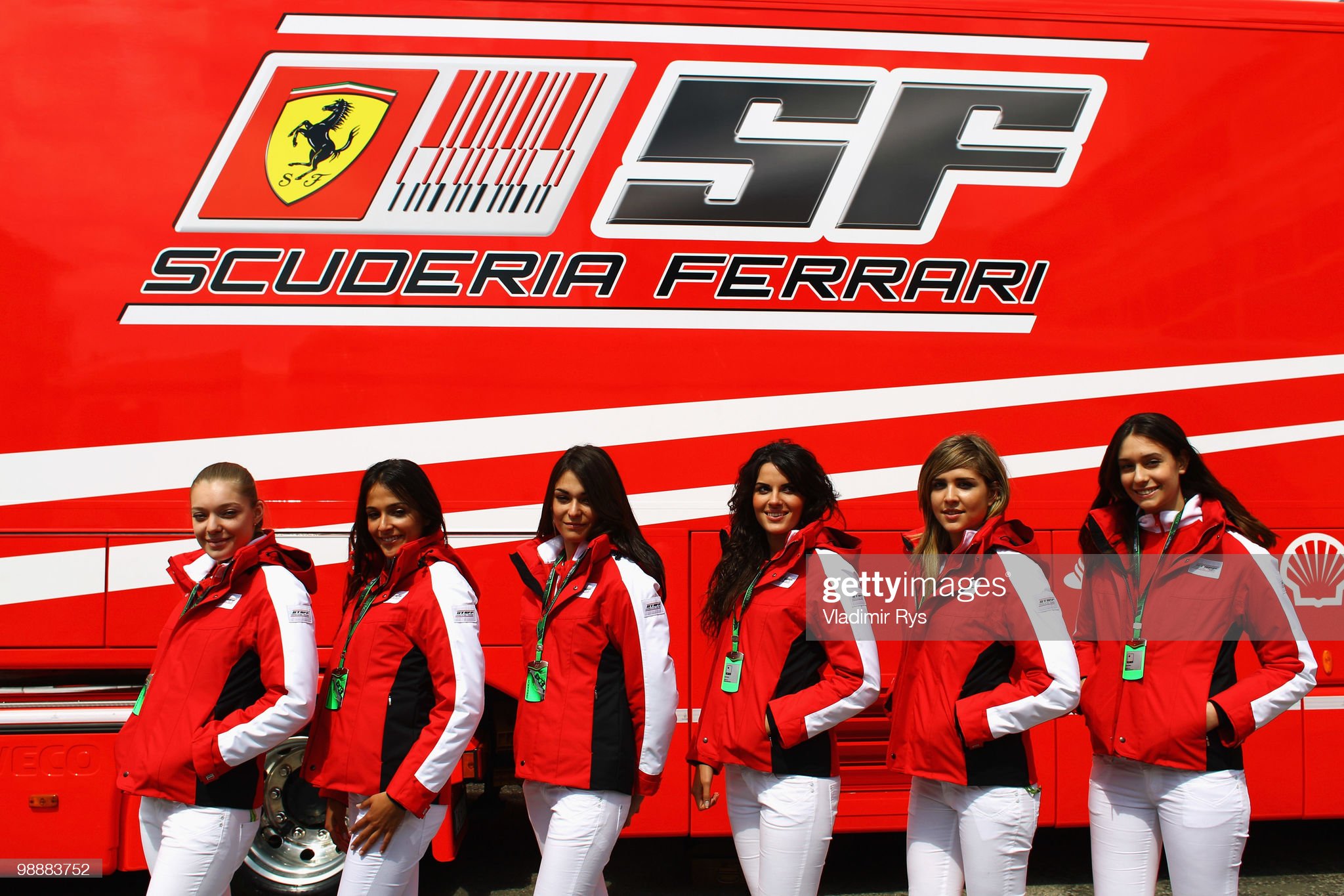 Ferrari grid girls are seen during previews to the Spanish Formula One Grand Prix at the Circuit de Catalunya on May 06, 2010 in Barcelona, Spain. 