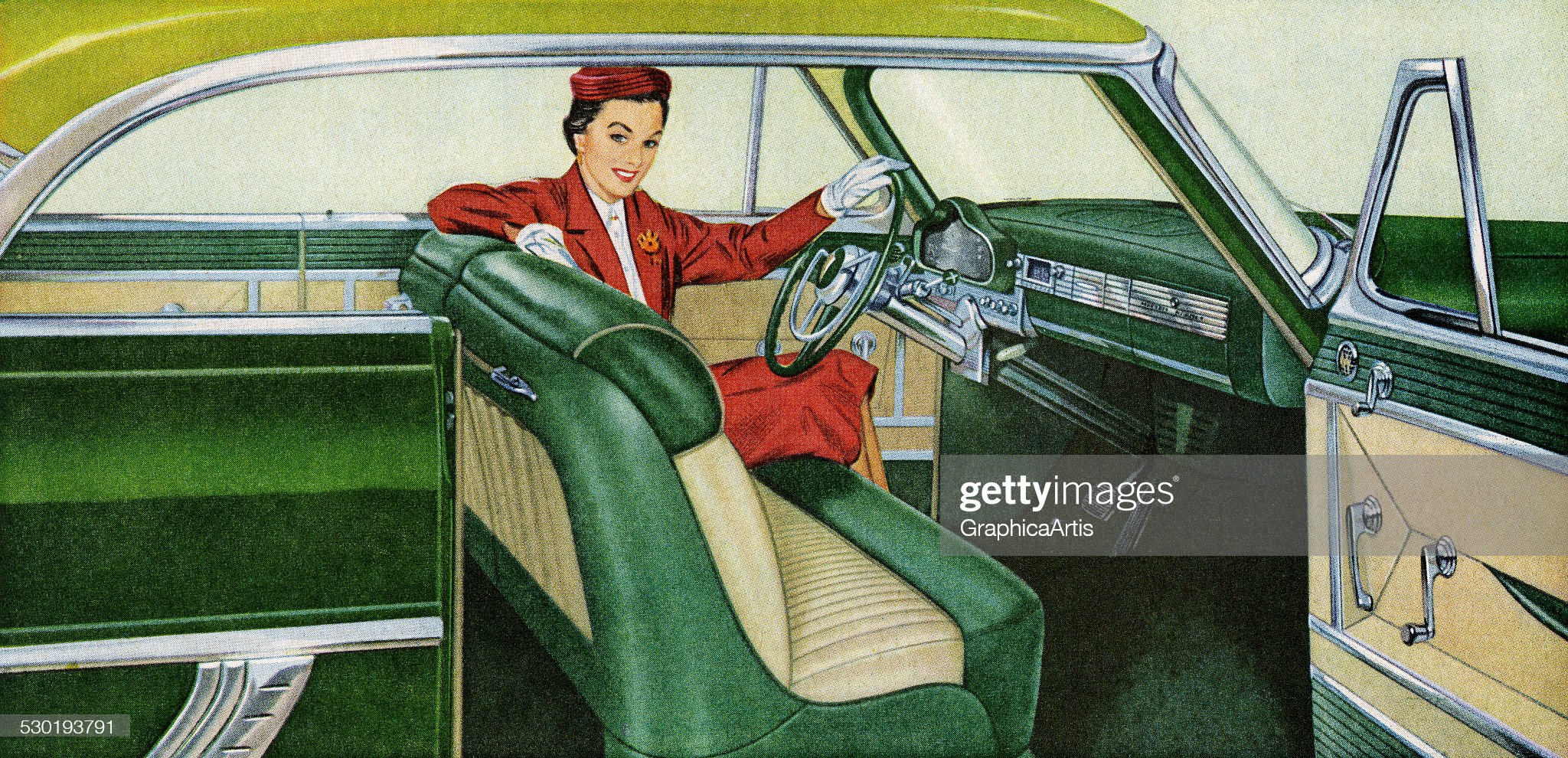 Vintage illustration of a 1950s woman sitting behind the driver's seat of a coupe automobile with the door open (screen print), 1954.