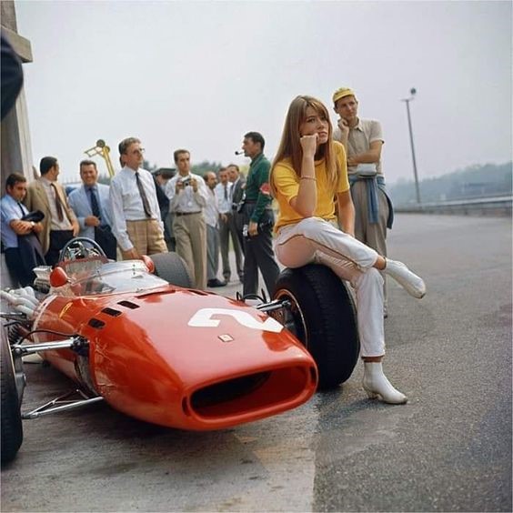 Francoise Hardy on a Ferrari F1.