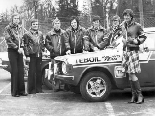 Teboil Finnish rally team in 1975. Timo Salonen on the end.