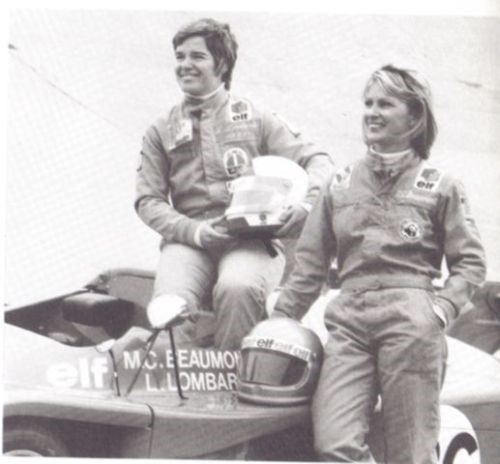 Marie-Claude Beaumont with Lella Lombardi and their Renault-Alpine sportscar in 1975. Their best finish was fourth.