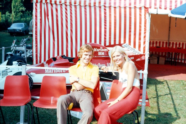 Max Mosley with Marlboro BRM car and girl. 