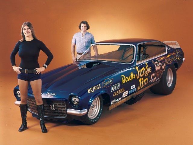 “Jungle Pam” Hardy and “Jungle Jim” Liberman with his Chevy Vega Funny Car in 1973.