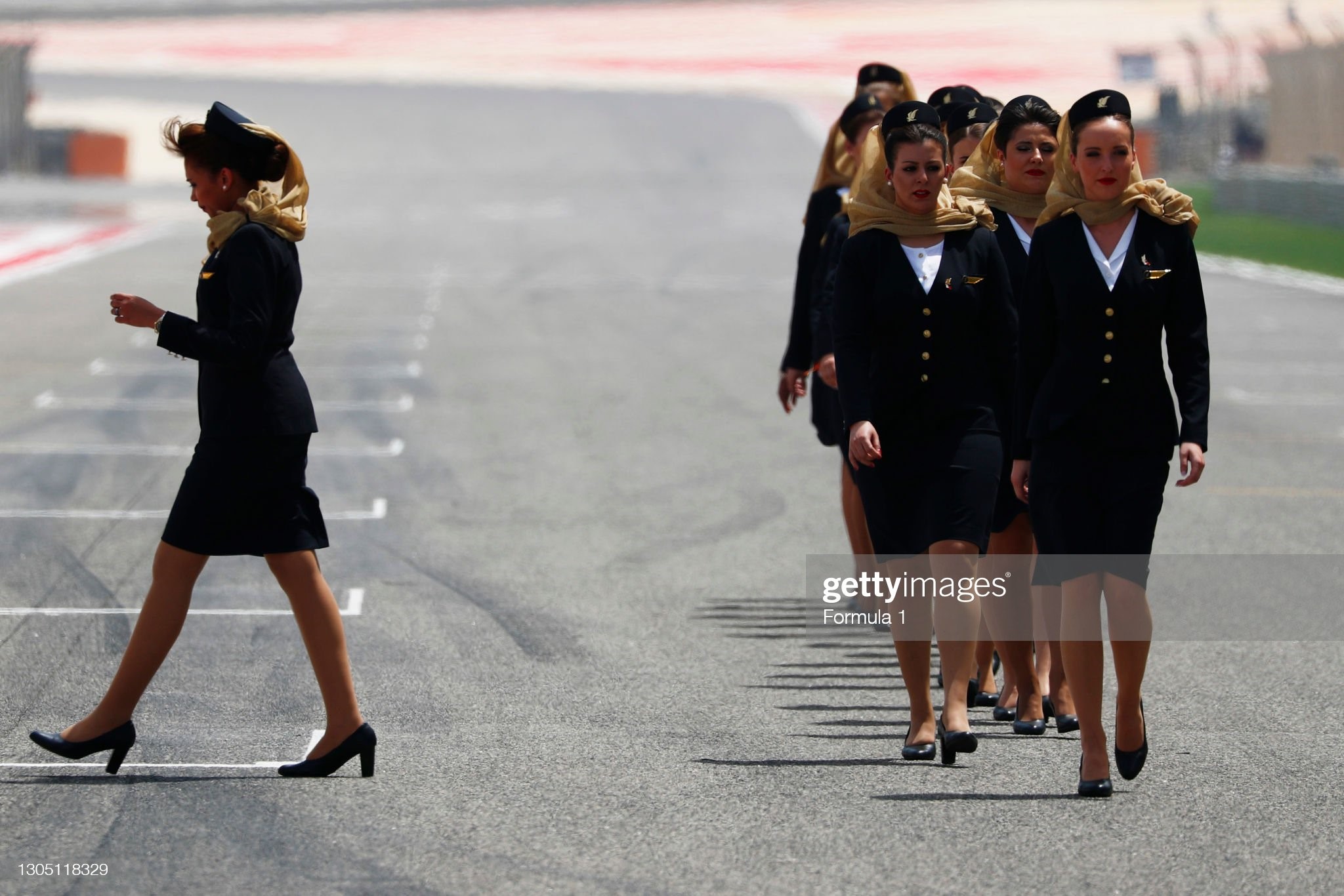 Formula 2, Round 1, Bahrain International Circuit, Sakhir, Bahrain, Saturday 15 April 2017. Grid Girls line up on the grid for the first time in Bahrain. 