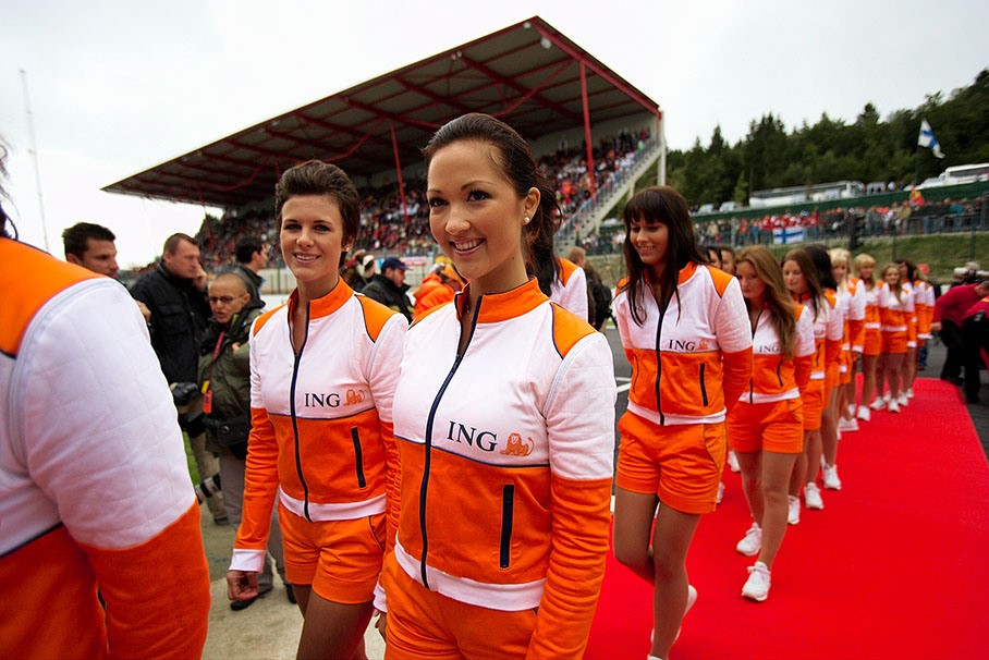 Formula 1 grid girls at Spa-Francorchamps, Belgium, in 2008. 