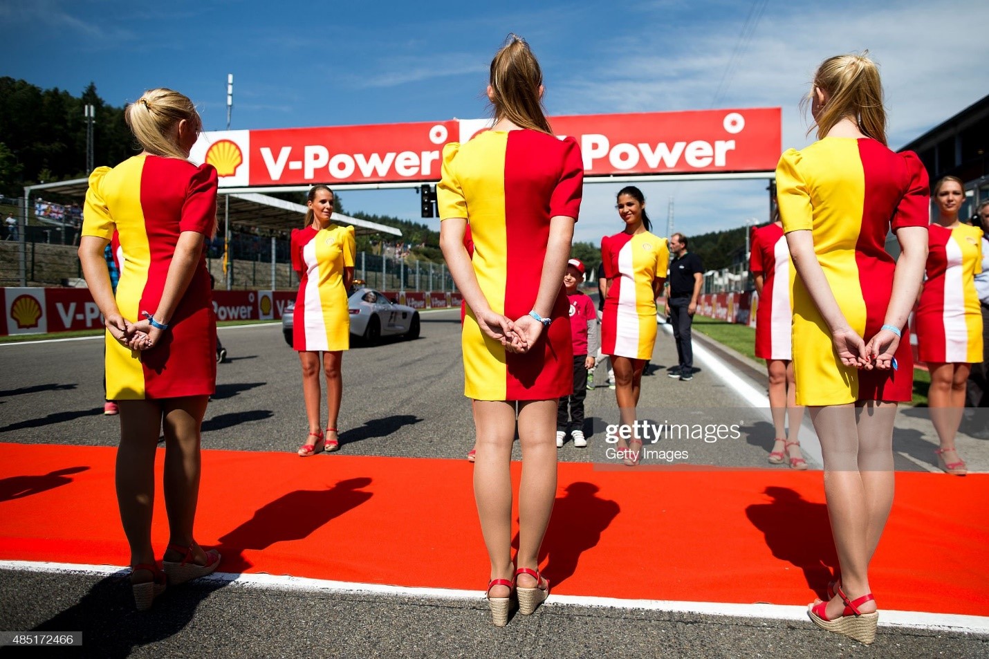 Grid girls pose on the grid before the Formula One Grand Prix of Belgium at Circuit de Spa-Francorchamps on August 23, 2015 in Spa, Belgium. 
