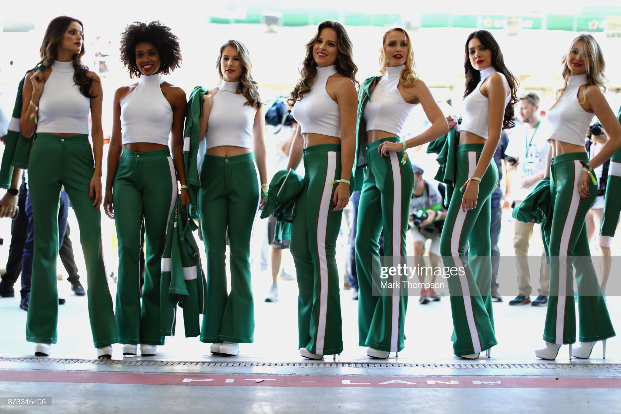 Grid girls pose for a photo before the Formula One Grand Prix of Brazil at Autodromo Jose Carlos Pace on November 12, 2017 in Sao Paulo, Brazil. 