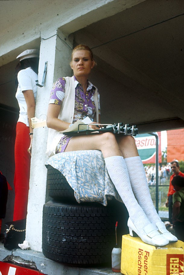 A girl at Nurburgring, Germany, in 1969. 