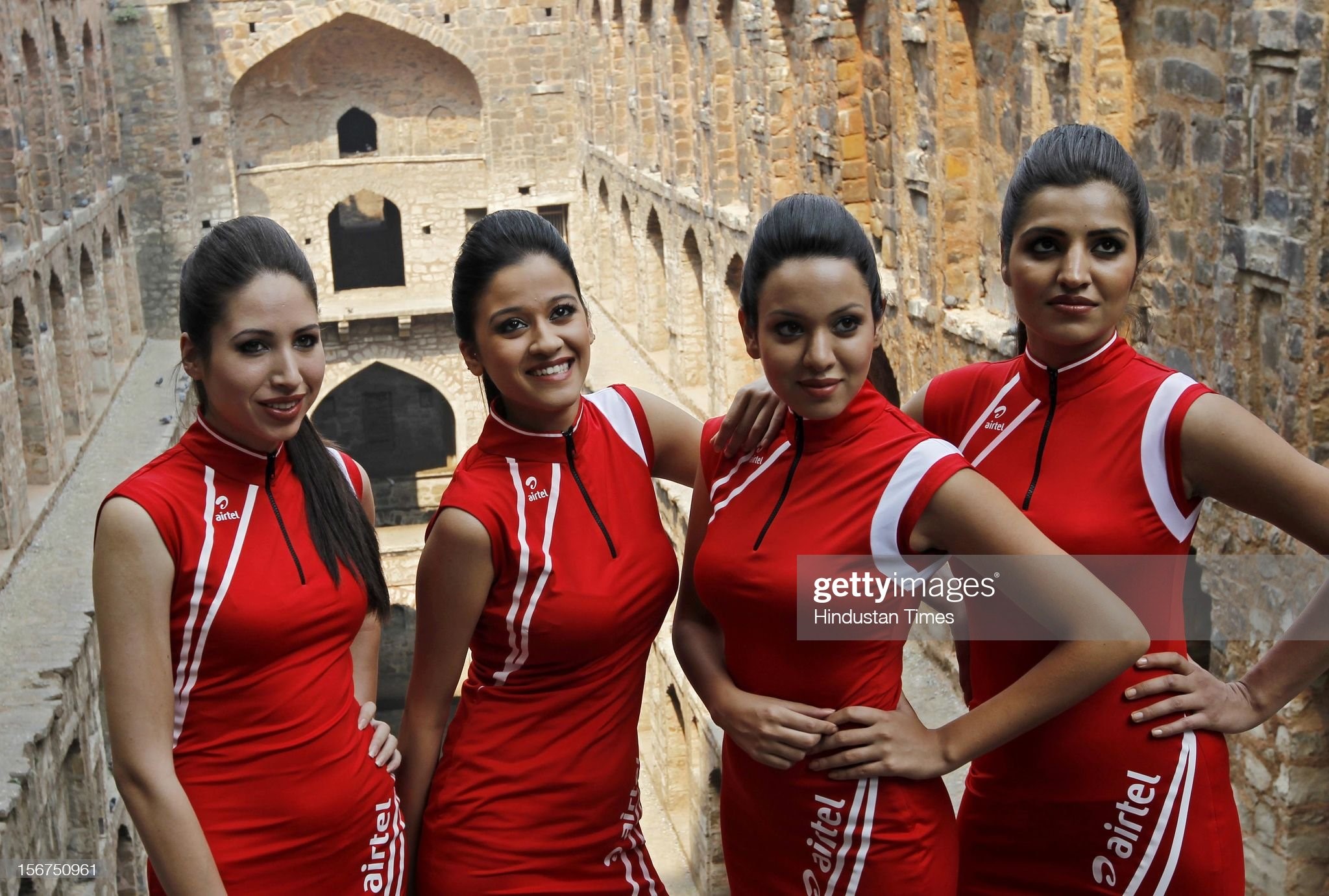 Indian Formula One grid girls pose during a promotional event at the Agrasen ki Baoli on October 19, 2012 in New Delhi, India. The 2012 Formula One Indian Grand Prix will be held on October 26 to 28. 