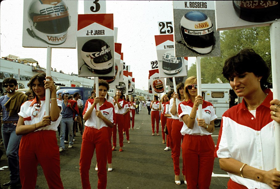 Formula 1 Marlboro grid girls at Imola, Italy, in 1980. 