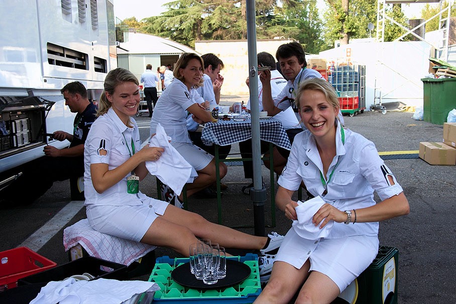 Formula 1 girls at BMW Sauber hospitality in Monza, Italy, in 2006. 