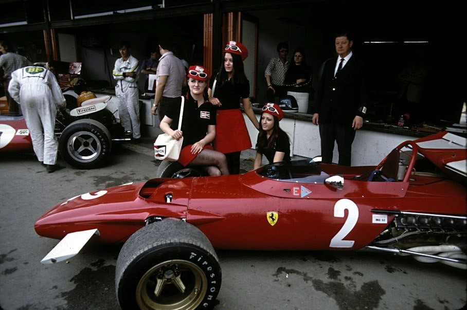 Formula 1 girls at Ferrari pits in Jarama, Spain, in 1970. 