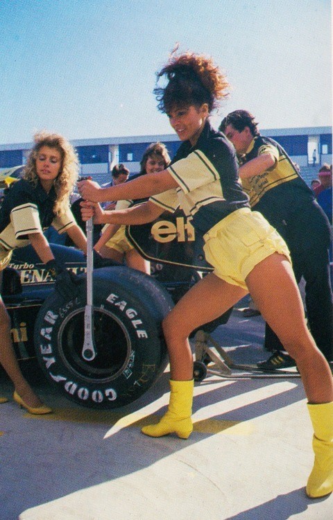 Formula 1 girls at Lotus Renault pits in Jerez, Spain, in 1986.