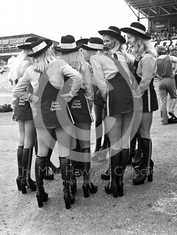 JPS girls in the paddock at Brands Hatch, 1974 British Grand Prix.