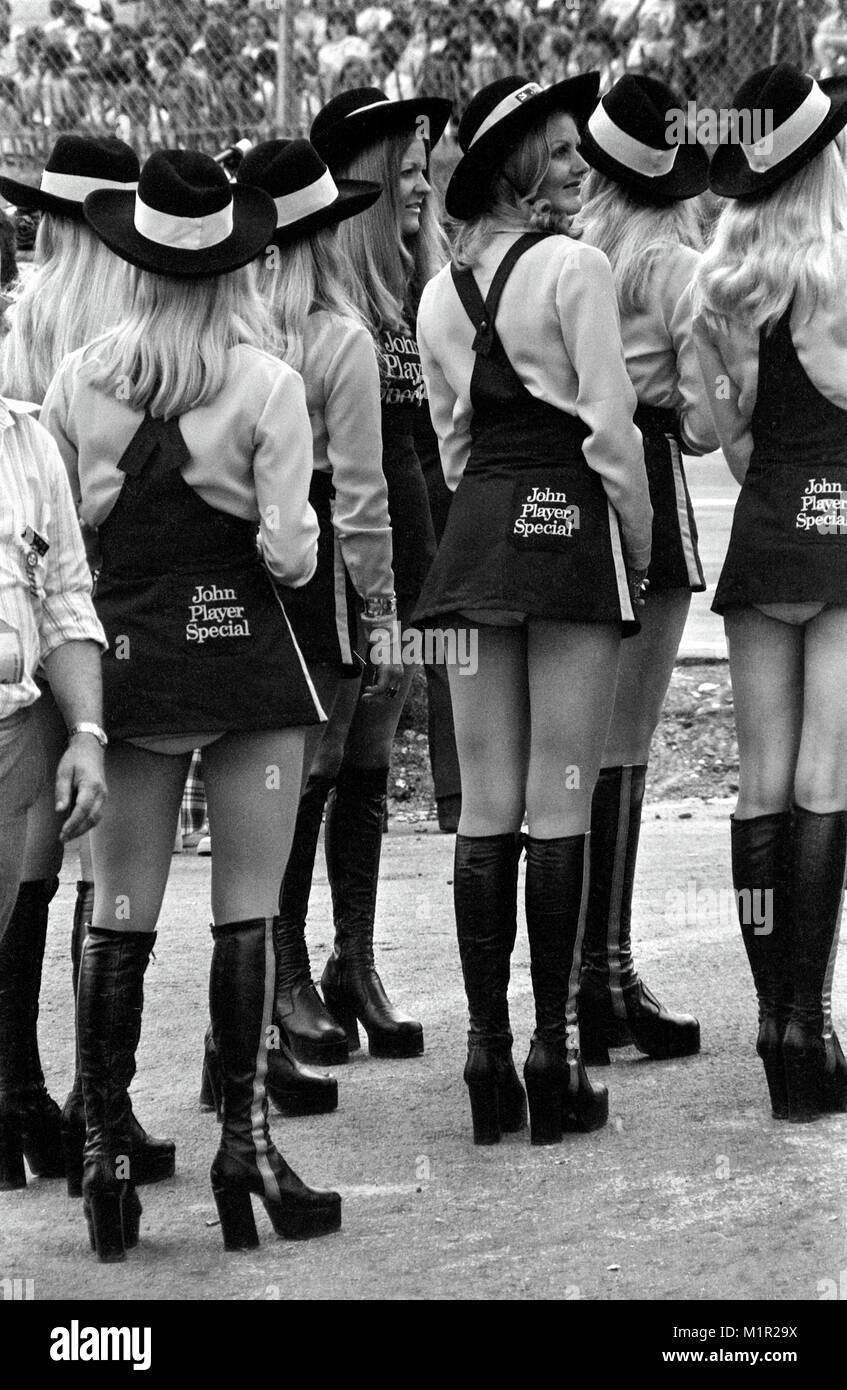John Player Special promotions girls on the grid at the 1974 British Grand Prix.
