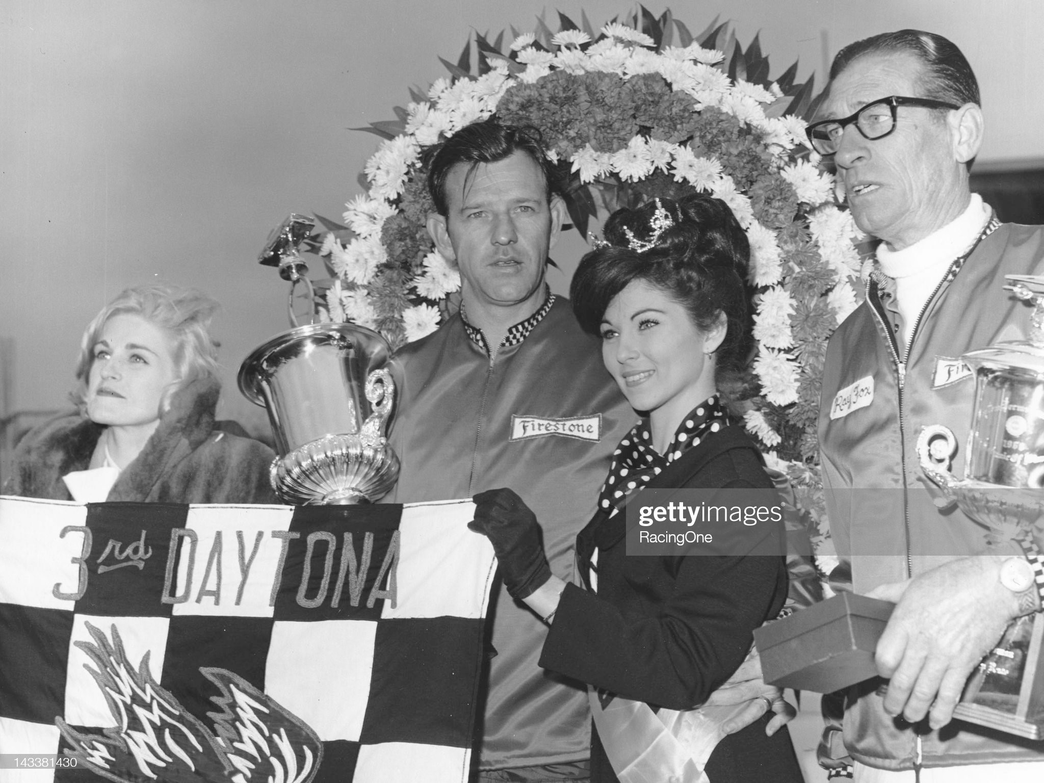 Daytona Beach, Florida, February 24, 1968: Bunkie Blackburn is surrounded by race queens in victory lane after winning the Permatex 300 NASCAR Late Model Sportsman race at Daytona International Speedway. Blackburn’s car owner, Ray Fox, is on the right.