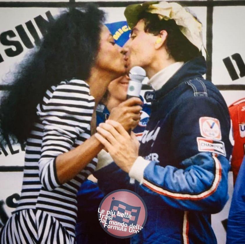 Michele Alboreto in his first career victory, awarded by the queen of disco-music Diane Ross at Las Vegas in 1982.