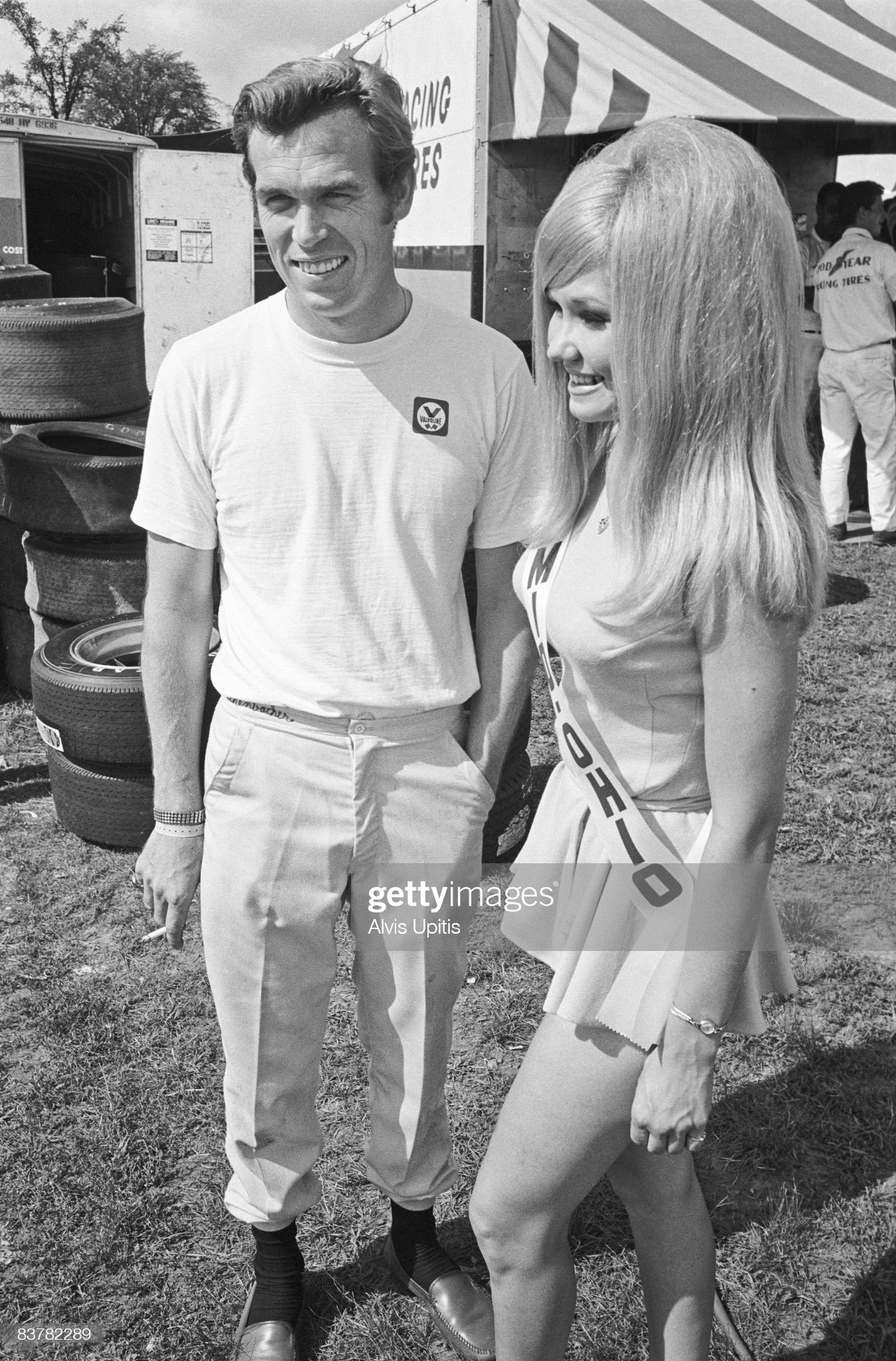 Lothar Motschenbacher beside race queen after winning the pole for the final USRRC race at Mid Ohio on August 18, 1968 in Lexington, Ohio.