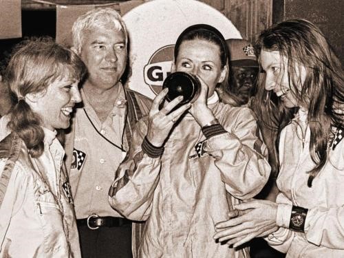 Judy Kondriatieff, Rosemary Smith and Janet Guthrie celebrate a class win at Sebring, in 1968 we think. Rosemary has gone through an endurance race without smudging her mascara. Respect. 