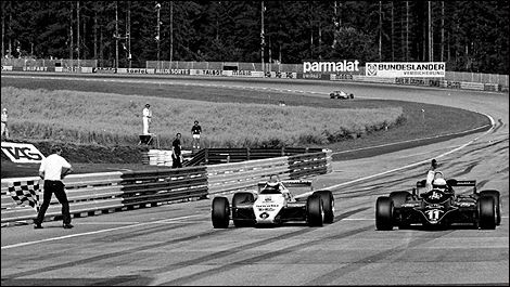 Zeltweg 1982. First victory of Elio de Angelis, ahead of Keke Rosberg, for 0.05 second. 