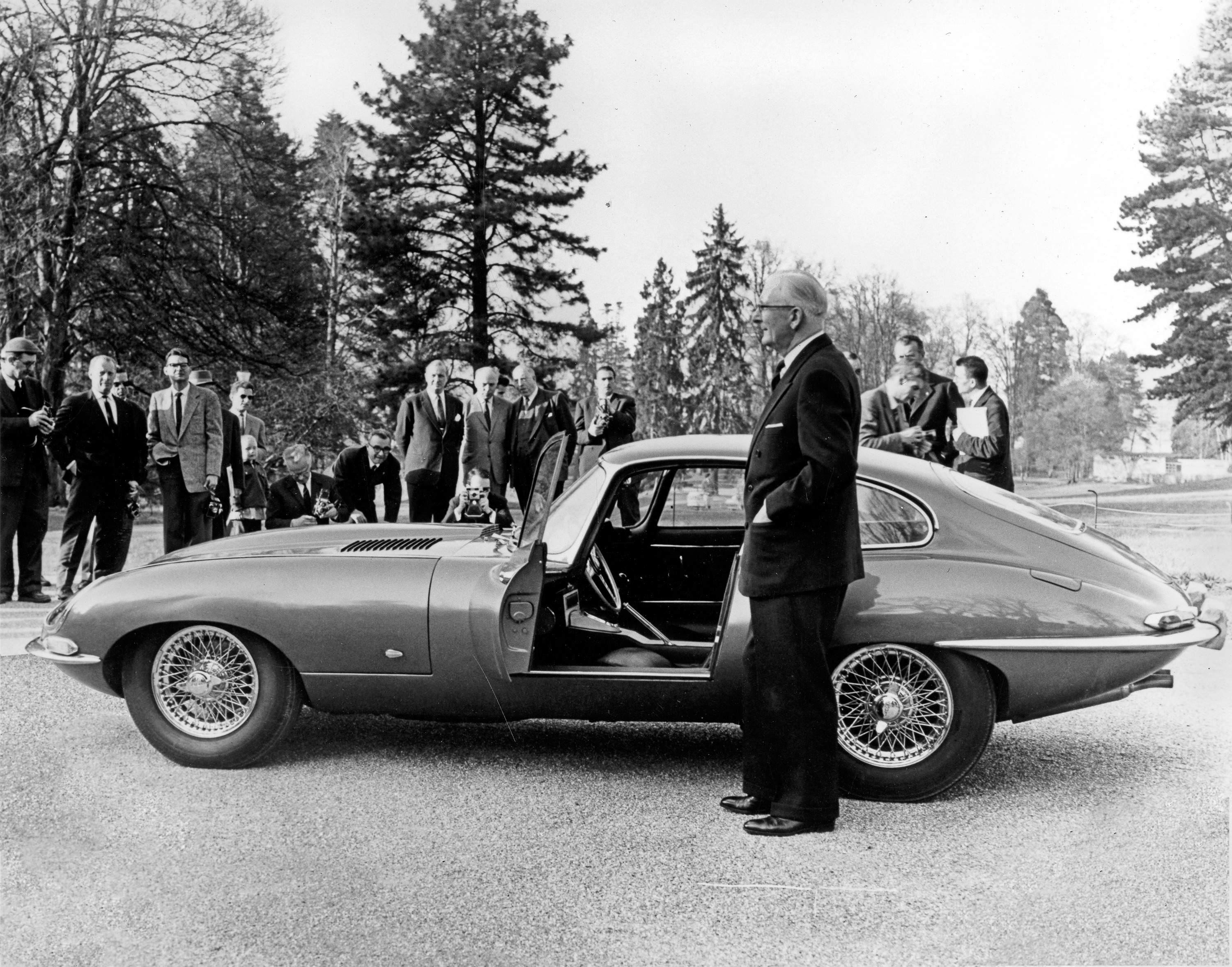 1961 Jaguar E-Type 12 - Sir William Lyons, founder of Jaguar at the launch of E-type to the press in Geneva, March 1961