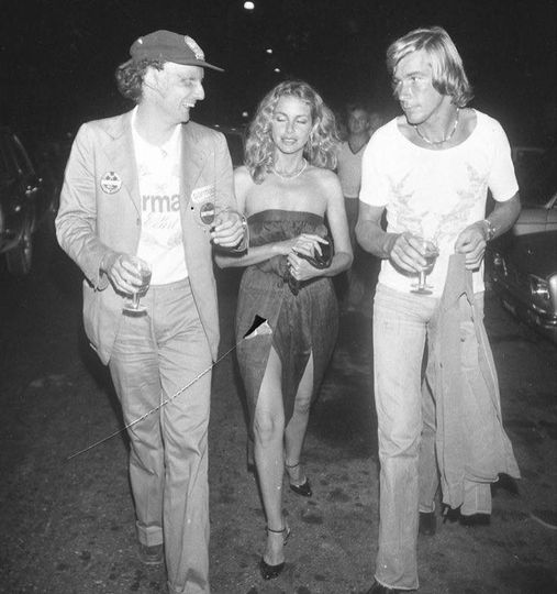 Niki Lauda with Sydne Rome and James Hunt in 1977 at Parmalat party at Jackie’O, Rome, Italy.