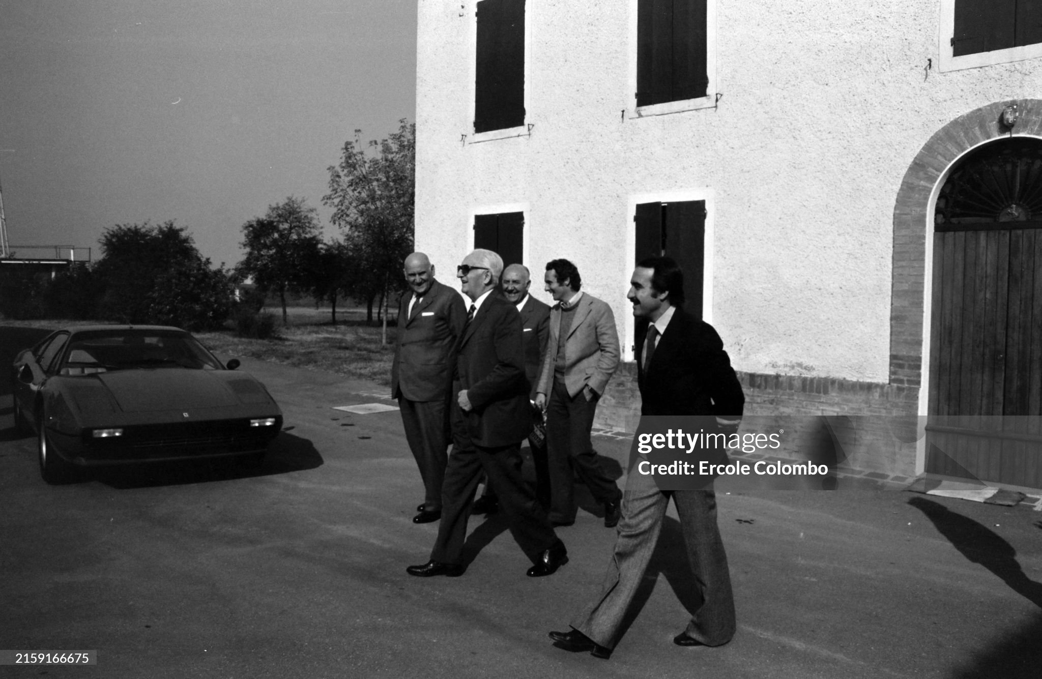 Enzo Ferrari, Niki Lauda and Clay Regazzoni among others at Maranello during the Ferrari 312T2 launch at Fiorano circuit, Italy, on Saturday 25 October 1975. 