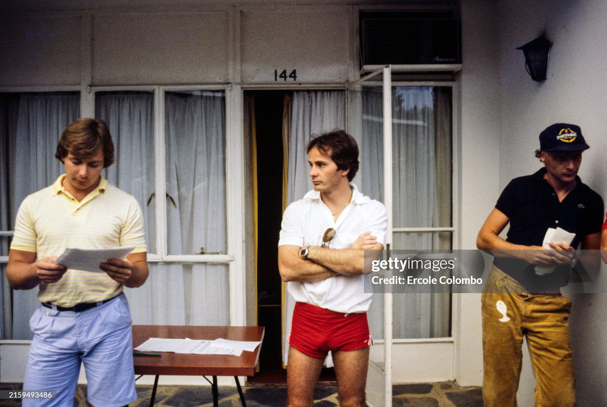 Didier Pironi, Gilles Villeneuve and Niki Lauda explain the drivers' strike over superlicences during the South African Grand Prix at Kyalami on January 23, 1982. 