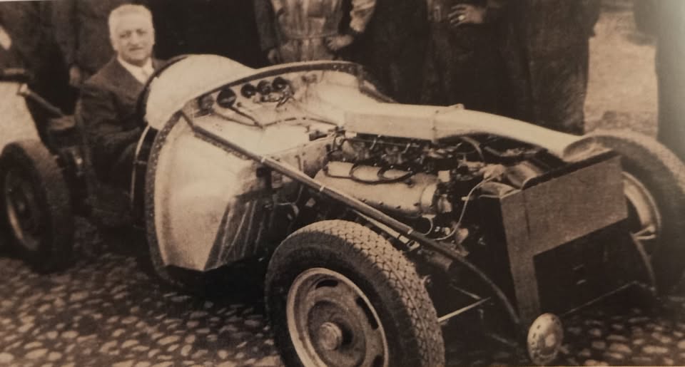 Enzo Ferrari in1947 at the wheel of the car that is now believed to be the 125 S s/n 01C, the first Ferrari.