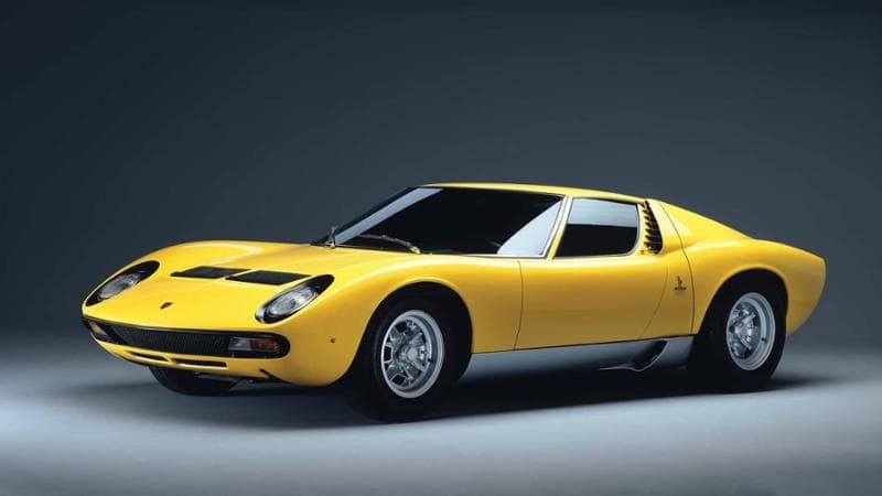 A yellow Lamborghini Miura.