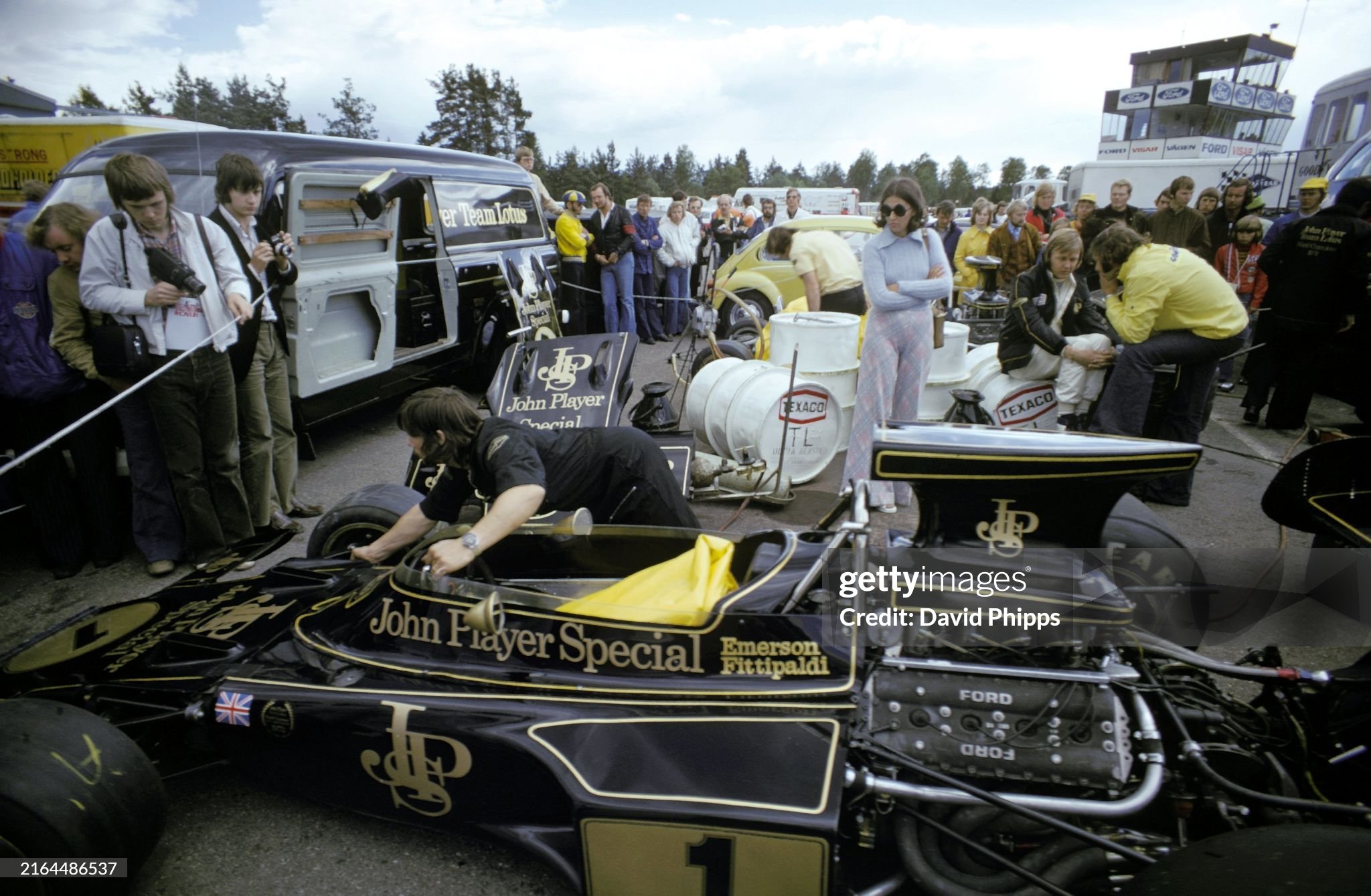 The Lotus 72D of Emerson Fittipaldi in the paddock at Anderstorp, Sweden, on 17 June 1973. 