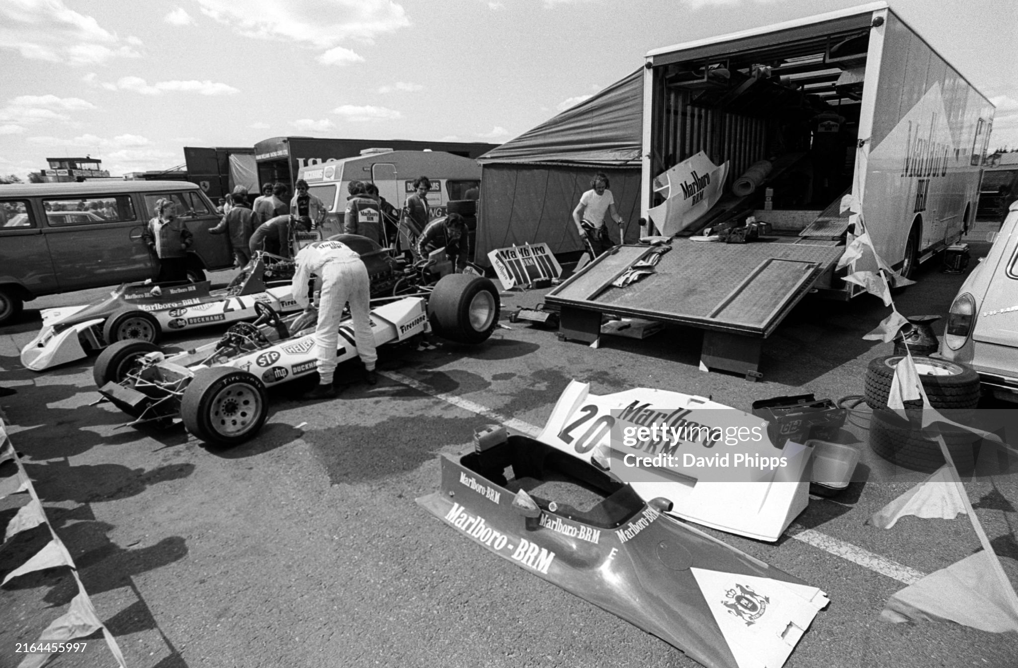 The BRM transporter has its load of P160Es unloaded in the paddock at Anderstorp, Sweden, on 17 June 1973. 
