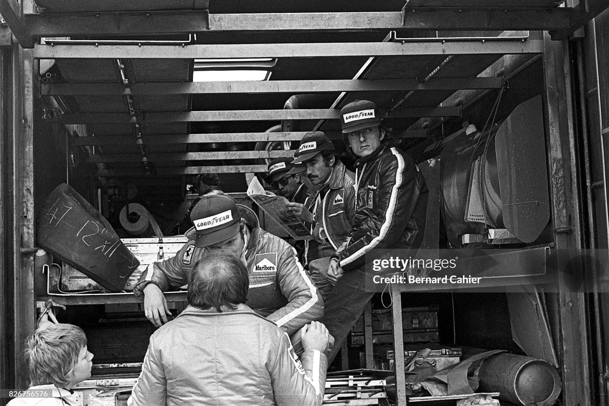 Technical briefing in the back of the Ferrari transporter for Niki Lauda, Clay Regazzoni and Luca di Montezemolo at the Swedish Grand Prix in Anderstorp on 09 June 1974. 